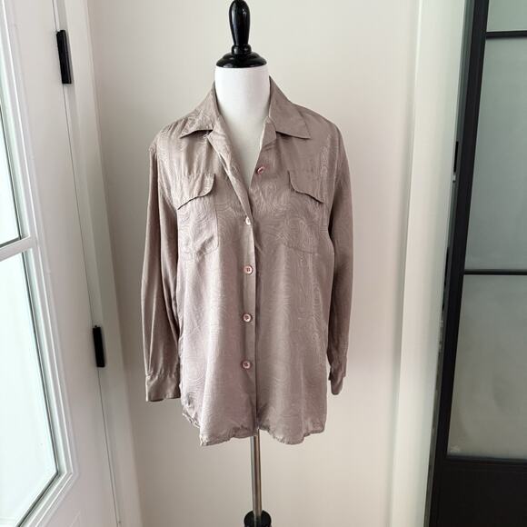 Vintage 90s Y2K Silk Blouse Women’s Size Medium Taupe Paisley Long Sleeve Top - Picture 10 of 10